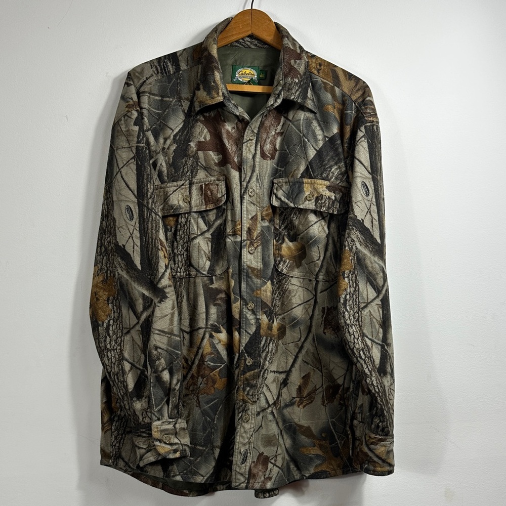Cabela’s Camouflage Hunting Shirt Mens Size L camo forest trees‎ Deer woods (F9)